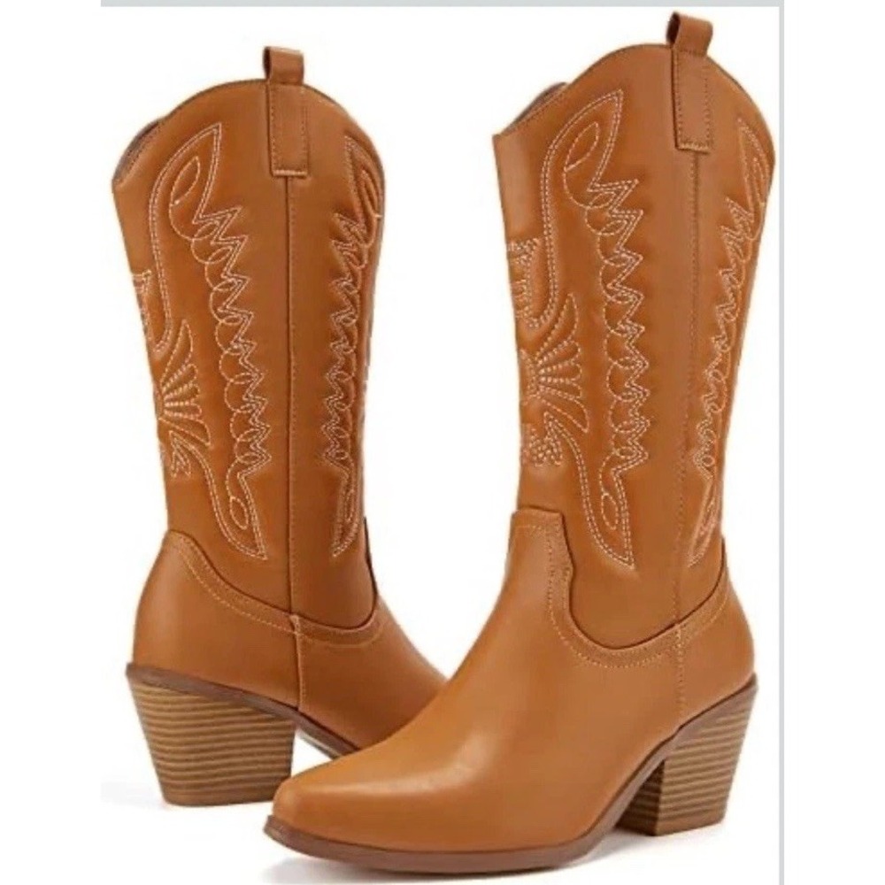 TINSTREE Embroidered Cowgirl Mid Calf Knee High Western Riding Boots Women's 10 - Picture 3 of 10